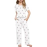 Arshiner Girls Pajama Set Short Sleeve Long Pant Sleepwear Soft Shirring Lounge Set Pjs