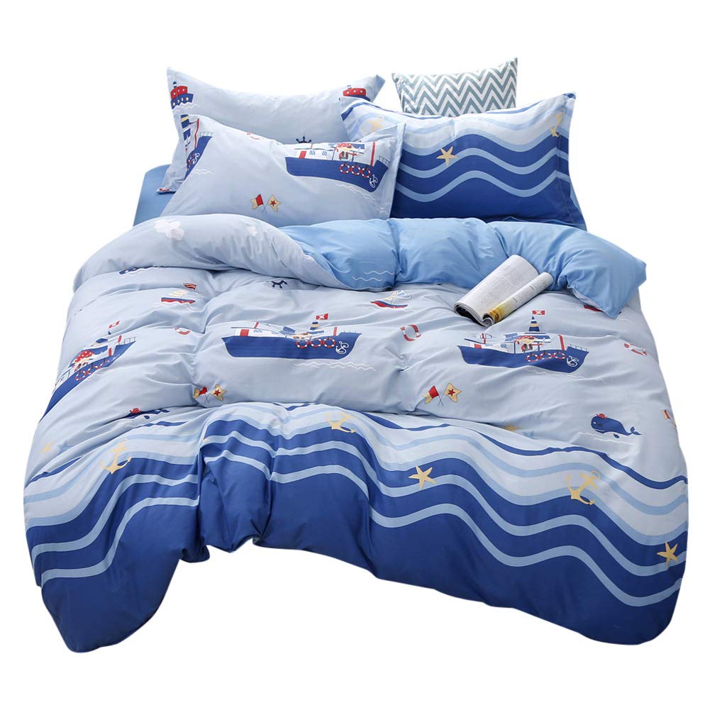 Loussiesd Ocean Duvet Cover Set Single Size 2 Pieces Nautical Cartoon Starfish Bedding Set Lovely Blue Comforter Cover with 1 Pillowcases Sea Wave Zipper Soft Breathable Microfiber Bedspread Cover