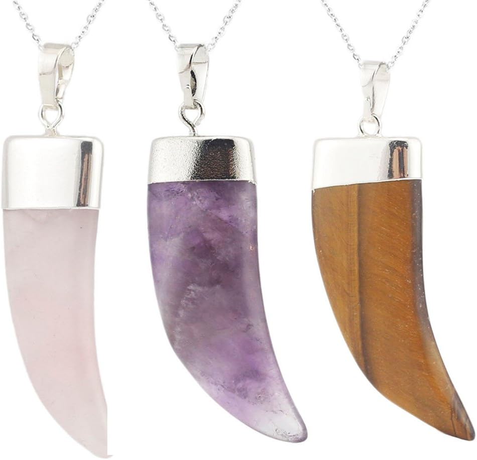 Cailespi Unisex Men's Silver Alloy Amethyst Agate Crystal Wolf Teeth Pendant Necklace