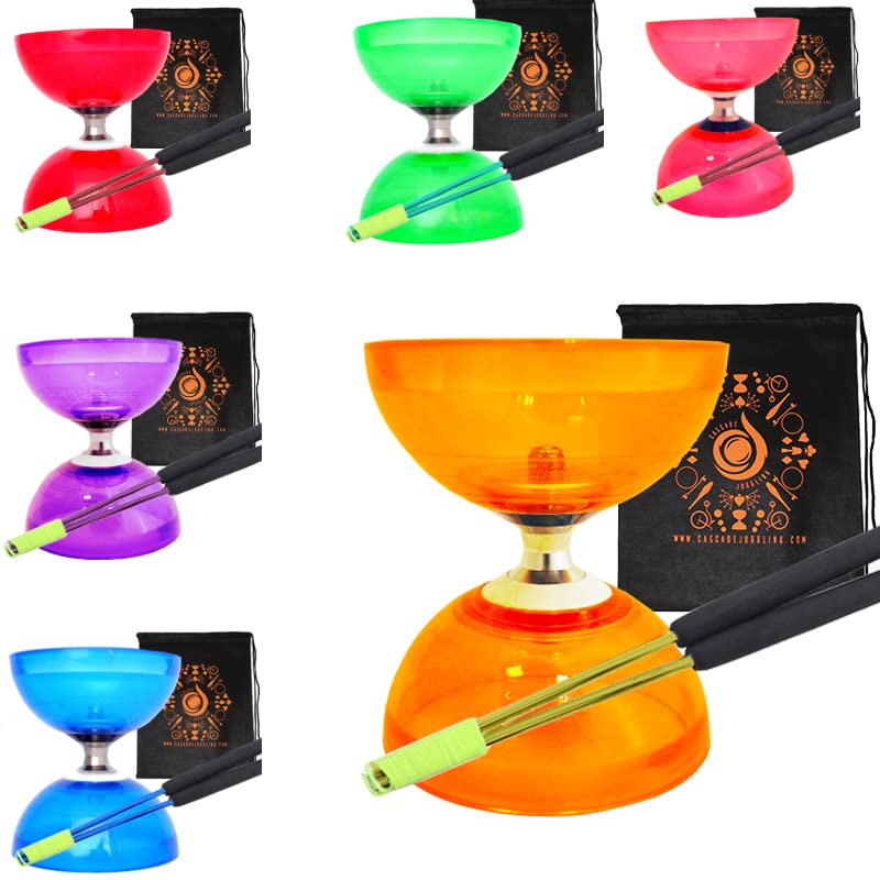 Quartz Triple Bearing Clutch Diabolo Set with Aluminium 'Metal' Sticks, Diabolo String and Cascade Carry Bag (Orange with Gold Handsticks)