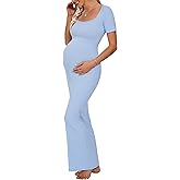 Peauty Maternity Square Neck Bodycon Dress Ribbed Maxi Maternity Dress Photoshoot Short Sleeve Baby Shower Dress