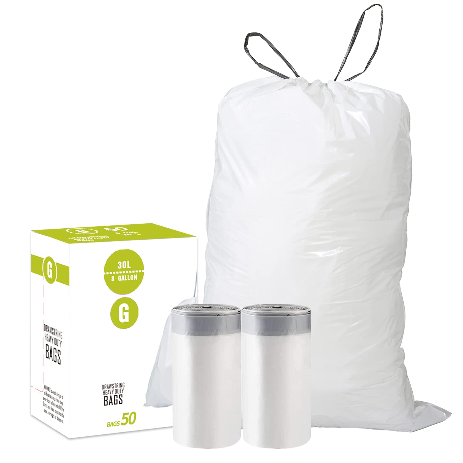 Photo 1 of DisplayForever Code G (50 Count) 8 Gallon Heavy Duty Drawstring Plastic Trash Bags Compatible with simplehuman Code G 1.2 Mil White Drawstring Garbage Liners 8 Gallon/30 Liter