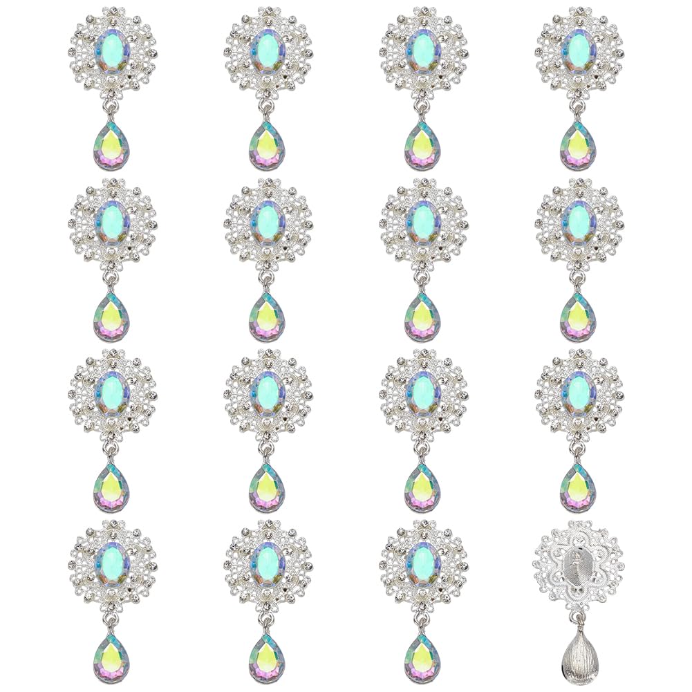 Photo 1 of (MISSING PIN ON THE BROOCH) FINGERINSPIRE 16 Pcs Alloy Rhinestone Brooch Buttons Rhombic Pendant 1.9x1Inch Oval Crystal AB Faceted Teardrop Charm Pendant for DIY Ornaments Clothing Decoration Accessories
