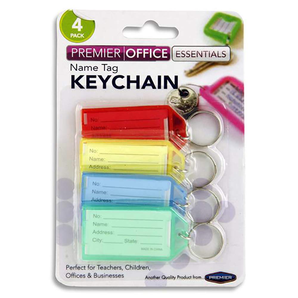 Premier Stationery Name Tag Keyrings. Pack of 4. Red, Yellow, Blue & Green.