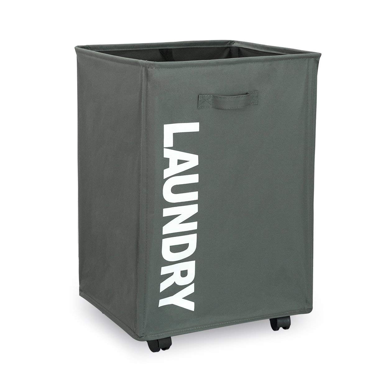 WISHPOOL Large Rolling Stand Folding Slide Laundry Basket Square Collapsible Waterproof Dirty Mesh Laundry Hamper Bin Organizer Storage on Wheels (Grey)