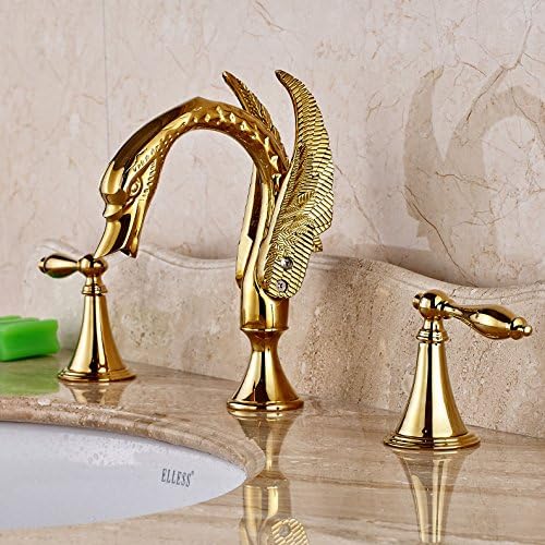 Oulantron Gold Color Swan Shape Spout Basin Faucet 3 Holes Deck Mount Mixer Tap