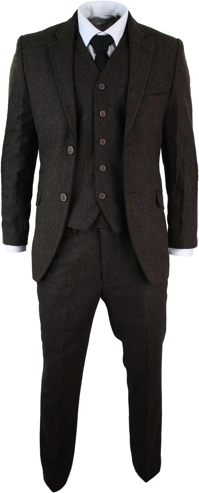 Voeut Mens Herringbone Tweed 3 Piece Suit Vintage Tailored Fit Brown Suede Patch Black - Brown, 42UK/US & 52EU-Jacket, 36-Pants