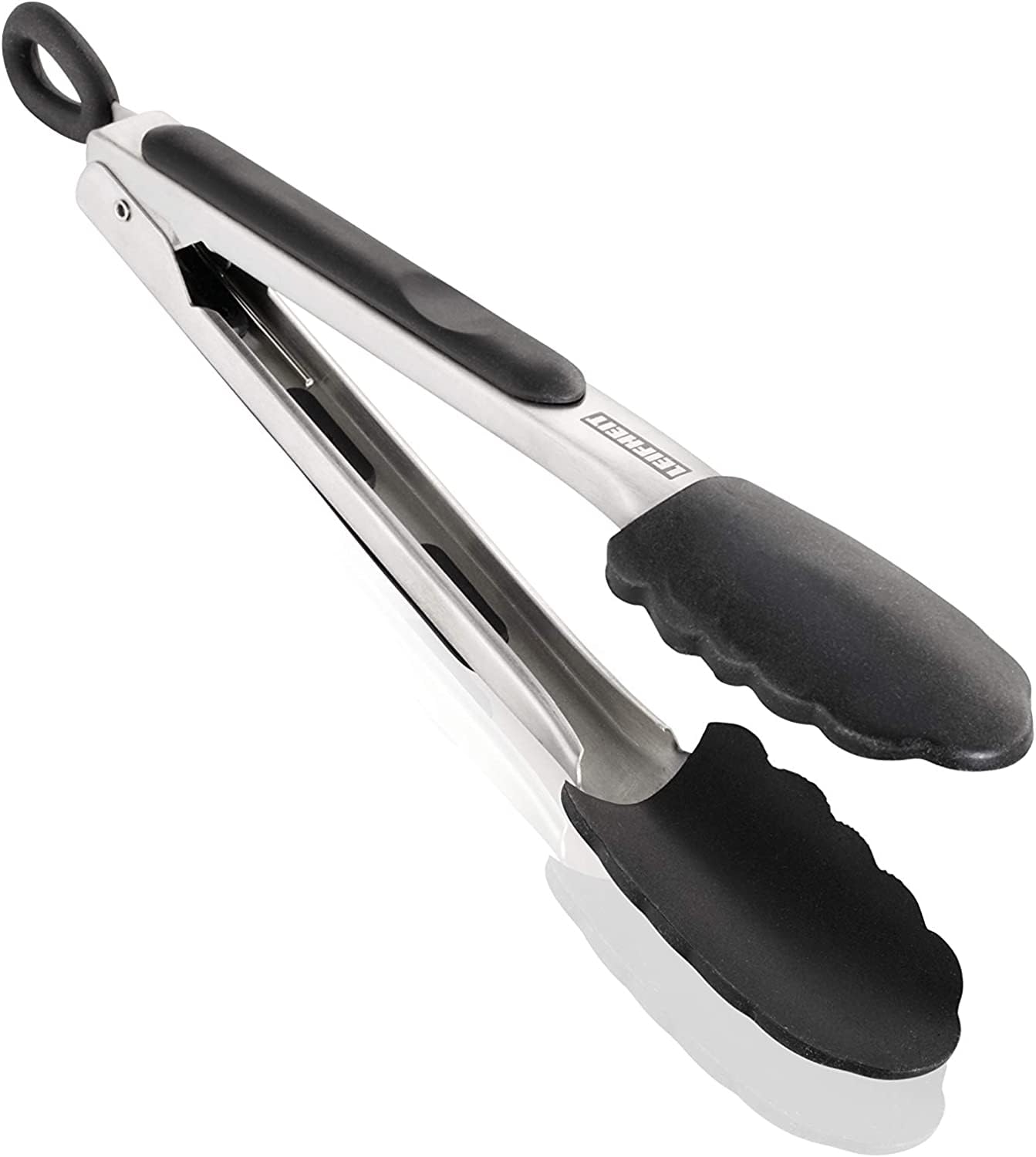Leifheit Proline Kitchen Tongs and Barbecue Grill Tongs, 23 cm, Stainless Steel and Silicone, Silver Black, Stainless Steel Tongs, BBQ Tongs