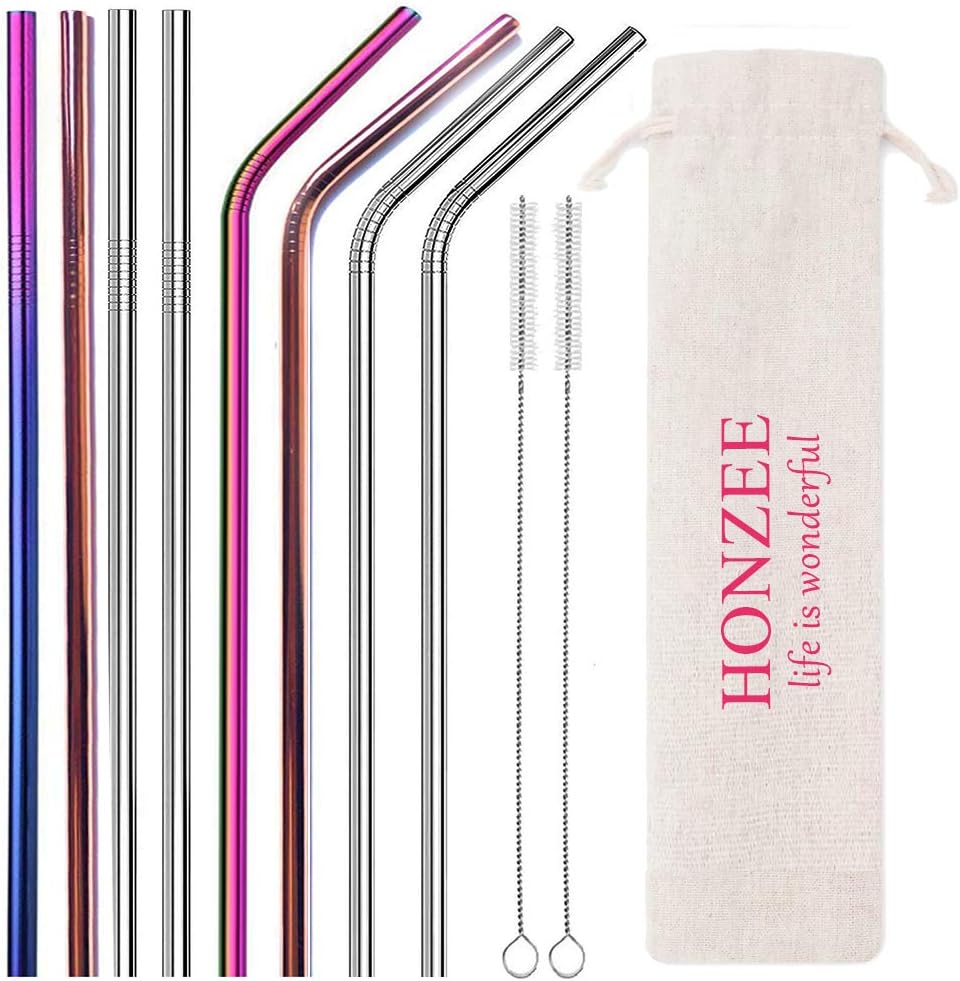 HONZEE Metal Straws and Cleaner,8.5" Reusable Straw Rose Gold Cocktail Set Gin Drinking Straws Stainless Steel for Glass Milk Short Metal Straw Coloured Straw Set of 8 for Kids