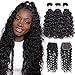 Alibeauty 12A Water Wave Bundles with Lace Closure(12 14 16+12)100% Brazilian Wet and Wavy Human Hair 3 Bundles with Any Part Lace Closure Deep Water Wave Human Hair Bundles and Closure Natural Black