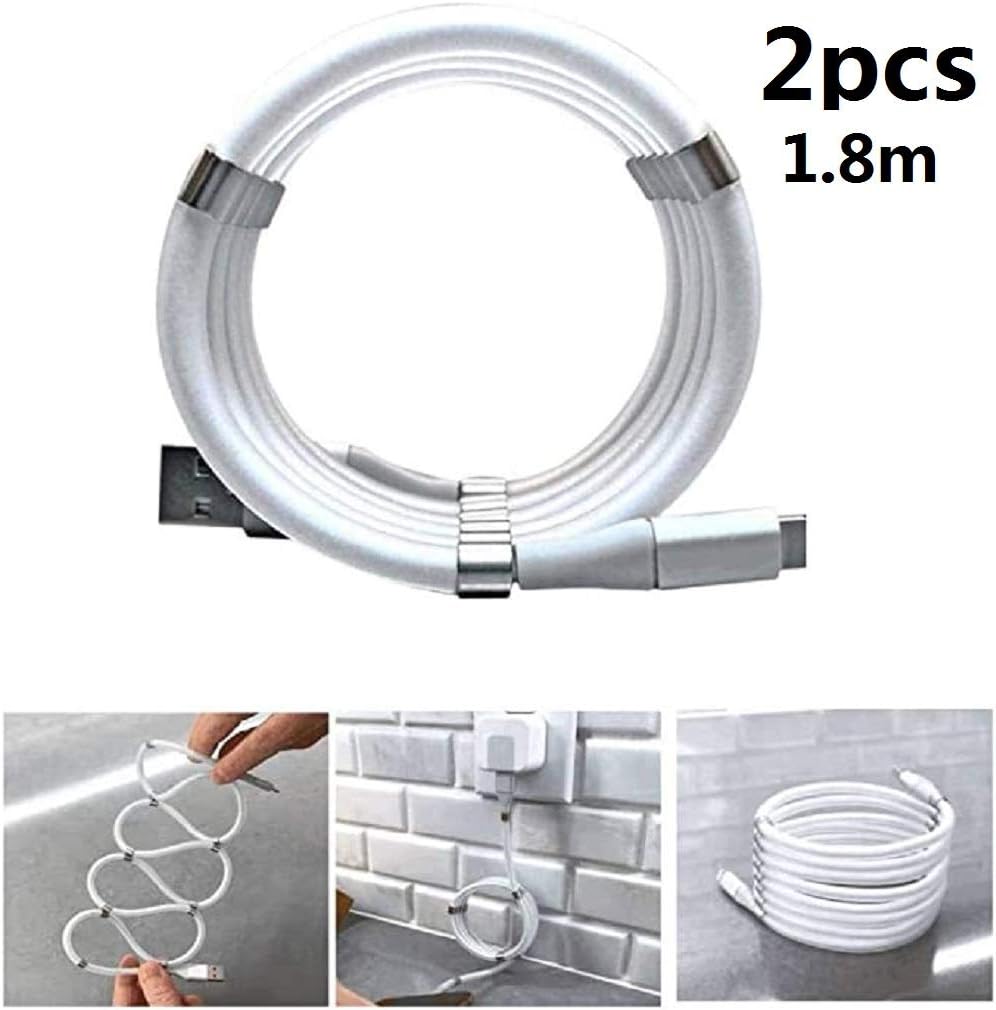 QDYL 2PCS magnetic adsorption cable, data cable organizer,360 degree magnetic charger cable white For IOS/Type-C/Android (1.8m, Type-C)
