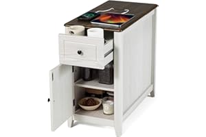 Farmhouse End Table with Charging Station, USB-C, Narrow Side Table with Storage Cabinet and Deep Drawer, Small Nightstand wi