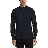 Perry Ellis Mens Long Sleeve Untucked Total Stretch Slim Fit Banded Collar Shirt - Moisture-Wicking