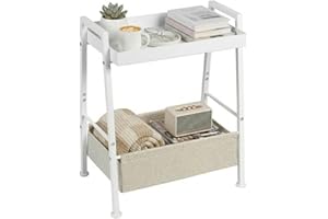 ZEXVIDA Narrow End Table with Fabric Storage Basket, Slim Metal Side Table with Anti-Drop Tray Top, Small Nightstand Bedside 