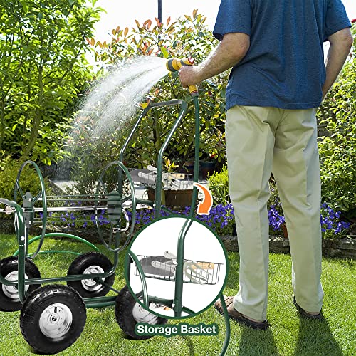 Dporticus Garden Hose Reel Cart 4 Wheels with Storage Basket Water Hose