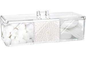 Square Qtip Holder Dispenser, 3 Compartments Cotton Ball Holder, Bathroom Canisters for Cotton Swab, Ball, Cotton Pad Organiz