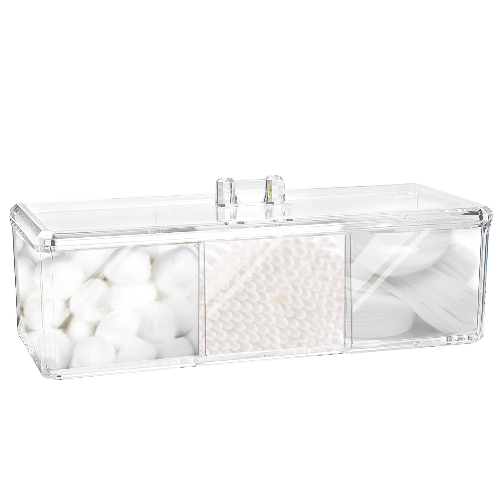 Square Qtip Holder Dispenser, 3 Compartments Cotton Ball Holder, Bathroom Canisters for Cotton Swab, Ball, Cotton Pad Organizer, Clear Acrylic Containers with Lid for Bathroom Vanity Countertop — image 1