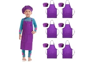 Hi loyaya 6 Pack Purple Kids Chef Hat and Apron for Cooking, Children Kids Apron for Girls Boys Painting (Purple, M for Kids 8-12)