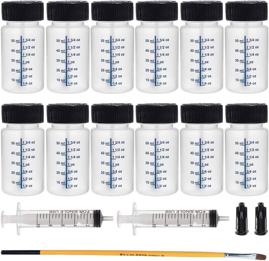 BENECREAT 12 Packs 50ml Touch Up Paint Bottles with Child Resistant Brush Caps and Mixing Balls, 1 Brush