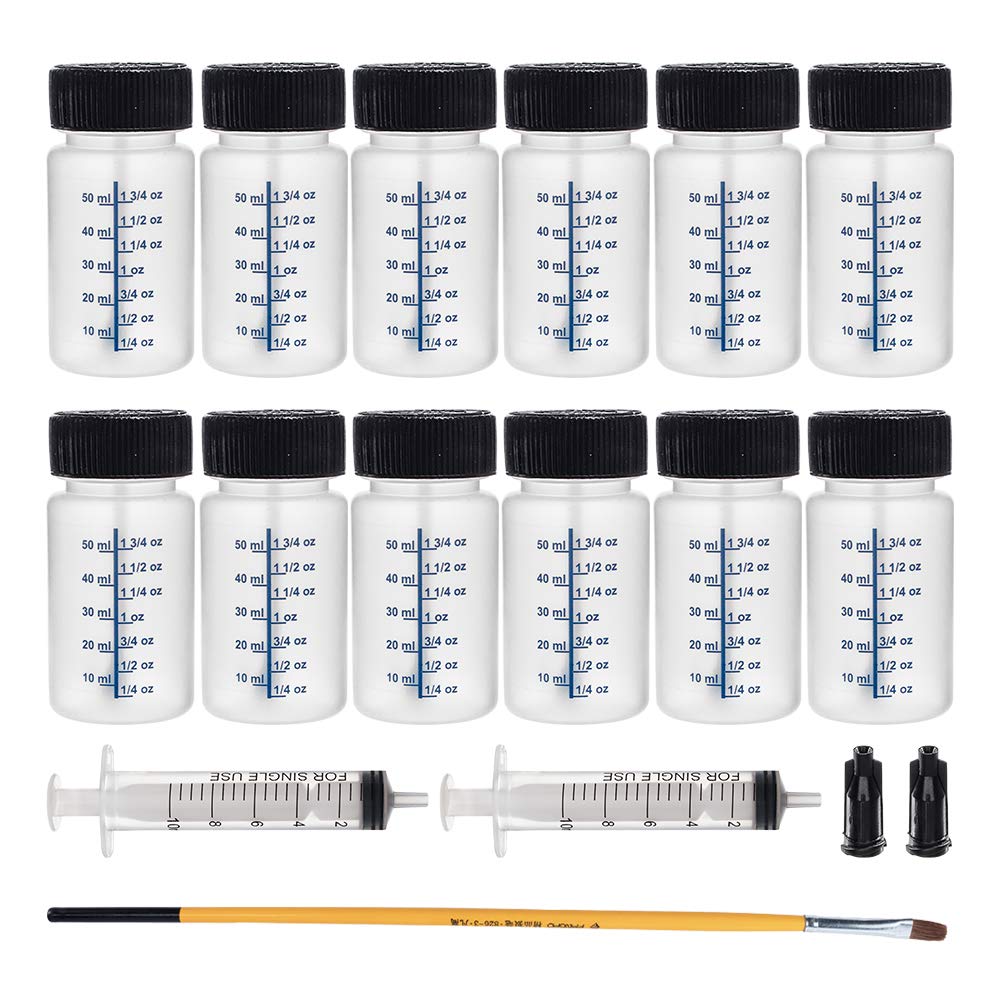 BENECREAT 12 Packs 50ml Touch Up Paint Bottles with Child Resistant Brush Caps and Mixing Balls, 1 Brush, 2 Plastic Syringes and 2 Stoppers for Glue Leftover Paints Storage