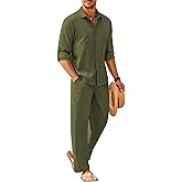 COOFANDY Mens Linen Sets 2 Piece Long Sleeve Button Down Cuban Shirt and Pants Set Summer Beach Set Outfits