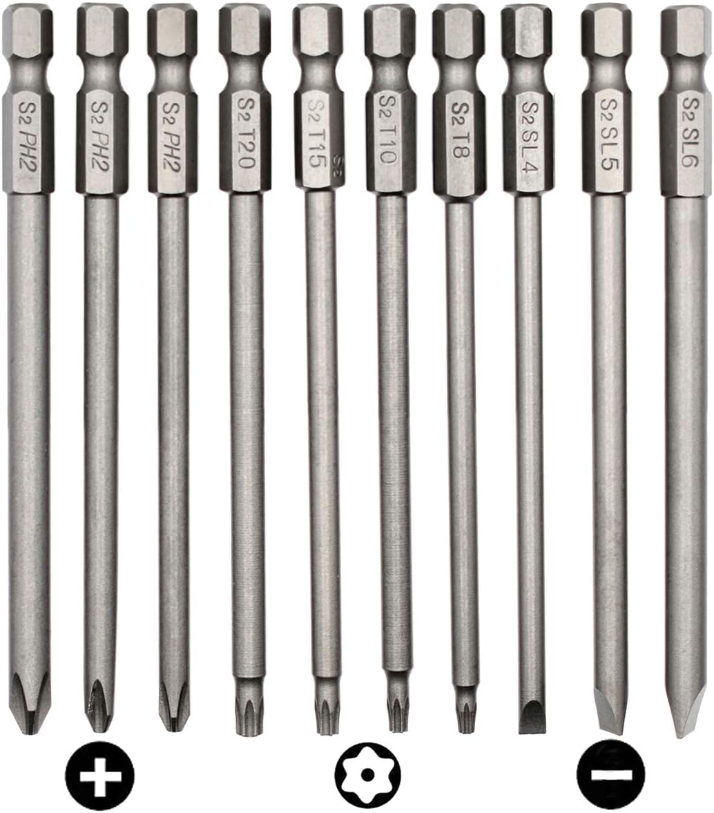 Riyiter 10 Pieces 1/4 Inch Long Hex Shank Magnetic Screwdriver Bits Set 4 Inch 100mm Power Tools With Alloy Steel S2 Slotted Cross Plum Blossom