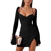 HTZMO Sexy Women's Halter Flounce Sleeves Ruched Mini Dress Sheer Mesh Side Split Cute Party Short Dresses