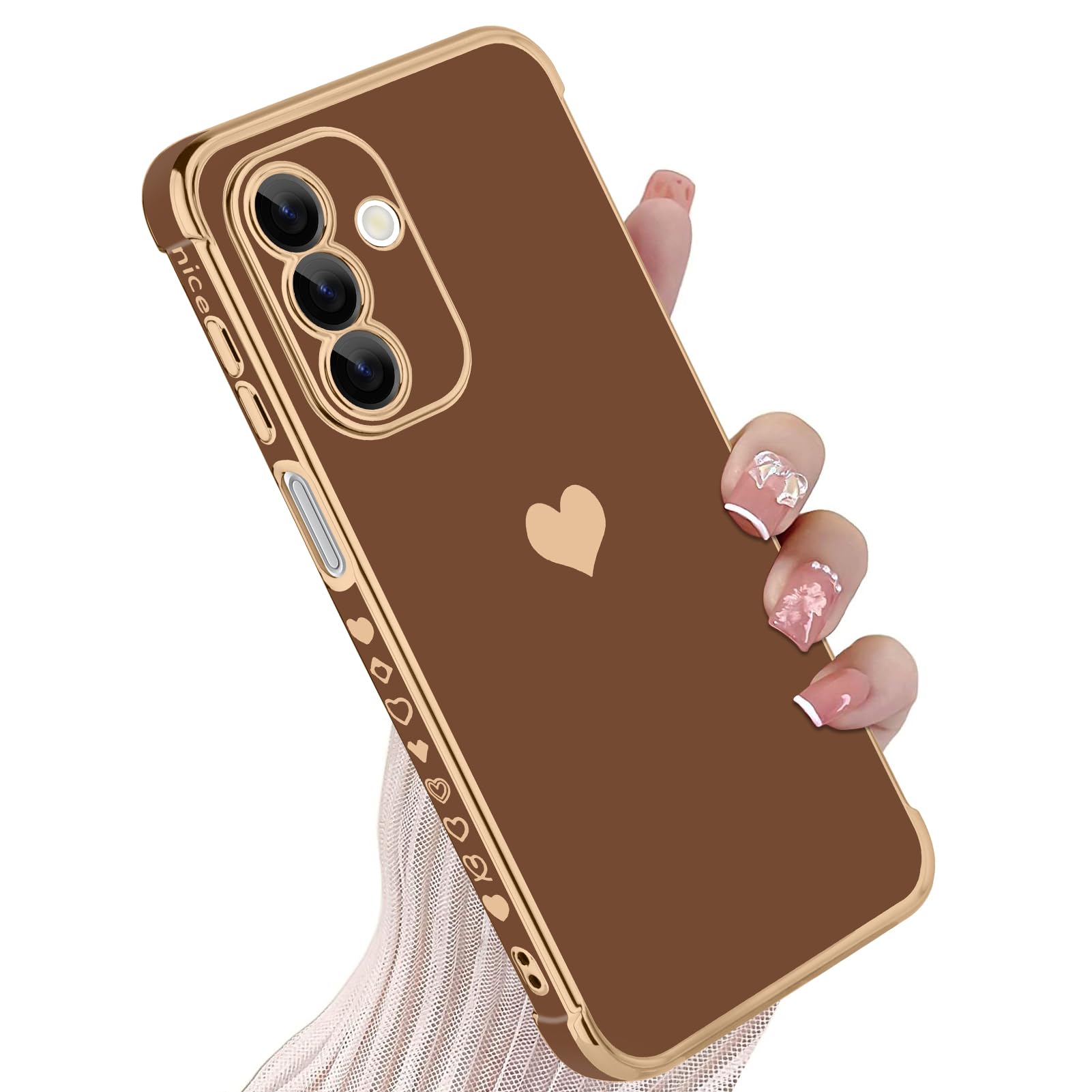 KANGHAR Compatible with Samsung A17 5G Case for Women Girl, Plating Edge Cute Love Heart Soft TPU Bumper with 4 Corners Shockproof Protection Phone Case Cover for Galaxy A17 5G(Brown)
