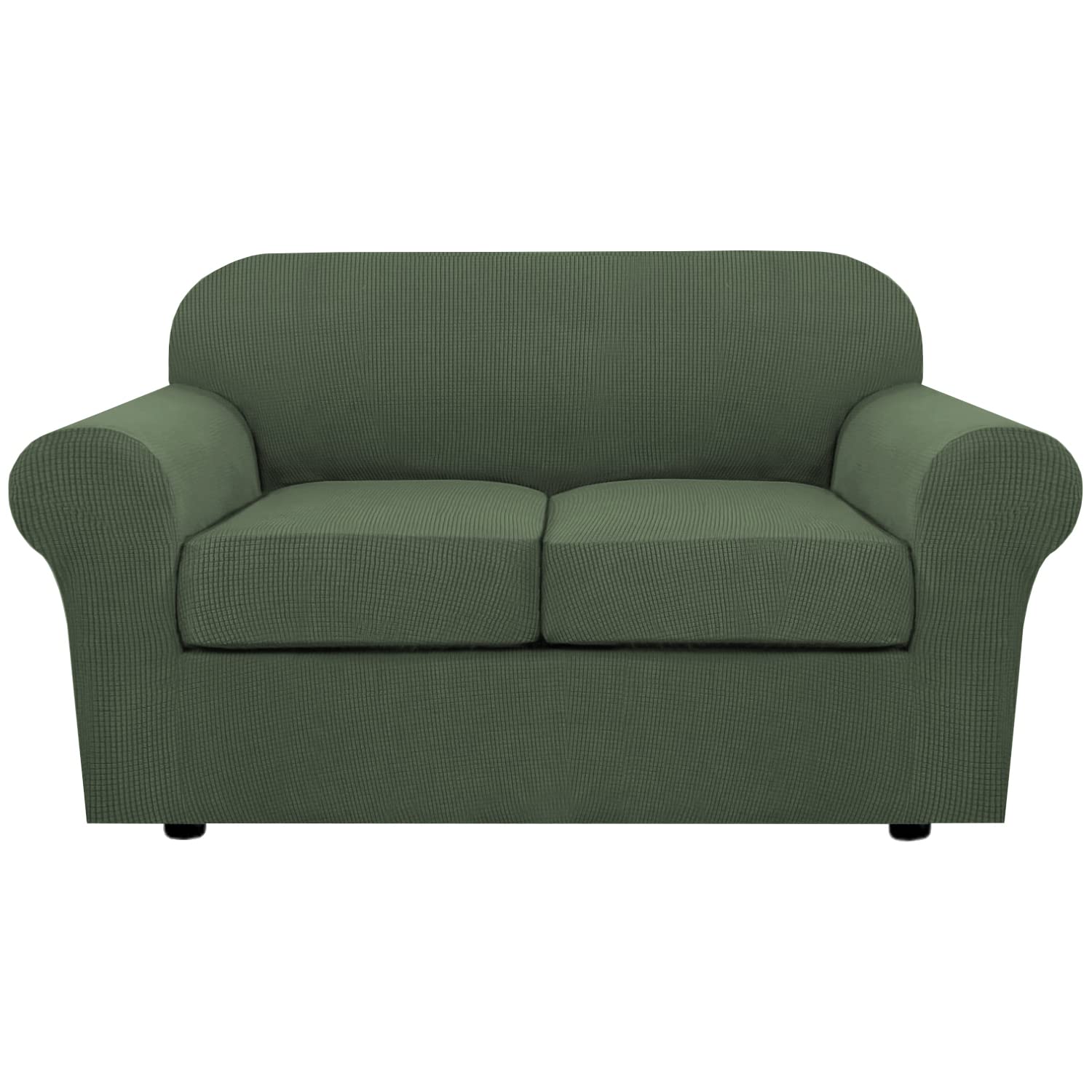 Photo 1 of H.VERSAILTEX 3 Piece Stretch Sofa Covers for 2 Cushion Loveseat Couch Covers for Living Room Furniture Cover (Base Cover Plus 2 Seat Cushion Covers) Thicker Jacquard Fabric(Medium, Bronze Green)