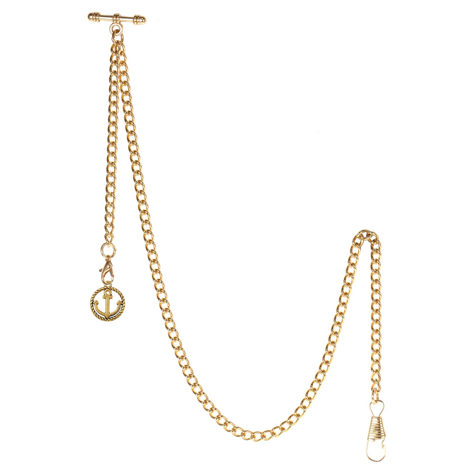 TREEWETO Men's Albert Chain Pocket Watch Curb Link Key Chain 2 Hooks with Antique Anchor Gold Pendant Design Charm Fob T Bar