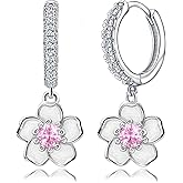 Cherry Blossoms Dangle Hoop Earrings for Women-Sterling Silver Pink CZ Hoop Earrings Small Shiny Crystal Flower Sakura Huggie Earrings Cute Dainty Floral Romantic Jewelry for Women Mom Wife Birthday