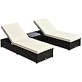 Outsunny Chaise Lounge Chair Set of 2 with 5 Angle Backrest, Outdoor Coffee Table, Water Repellent Cushions, PE Rattan Wicker Poolside Chairs, 3-Piece Pool Furniture Set, Dark Brown/Cream White