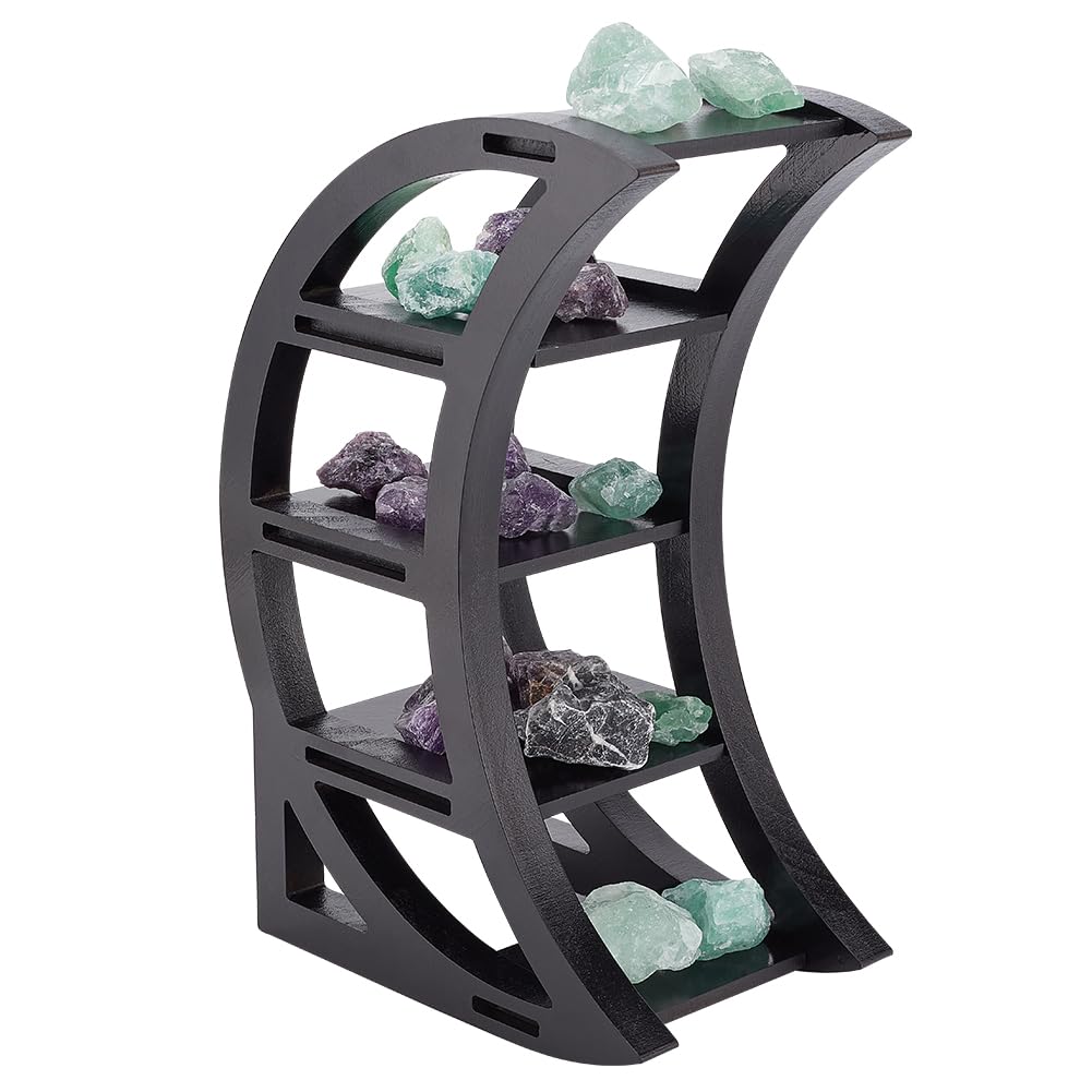 INFUNLY Black Crescent Moon Shelf Wooden Decorative Moon Shelf Display Pine Wooden Crystal Display Shelf Half Moon Crystal Shelf for Crystals Stone, Oil, Small Plant and Art, Gothic Witchy Decor