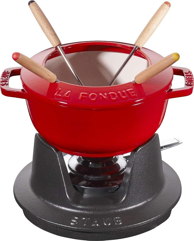 Staub Fondue Set 1.1L Cast Iron Cherry Red 16cm 4 Forks Cheese Chocolate Meat