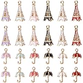 KISSITTY 24pcs/box 3D Umbrella & Eiffel Tower Enamel Charms 12 Styles Light Gold Alloy Pendants 19x11mm & 20x10mm for DIY Bracelets Necklaces Earrings Jewelry Making with Hole 2.5mm