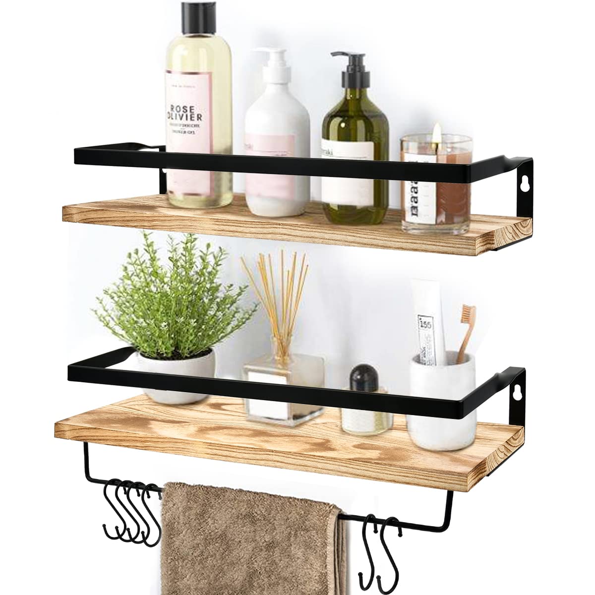 TIMESETL 2 pack Floating Shelves with 6 Hooks, Wood Wall Shelves, Wall Mounted Shelf, Wooden Shelves for Bedroom, Bathroom, Living Room, Kitchen, Office