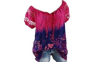 ATTINE Summer Basic Tops for Womens, Women Tie-Dye Lace T-Shirts Short Sleeve Pullover Boat Neck Plus Size Dressy T-Shirts