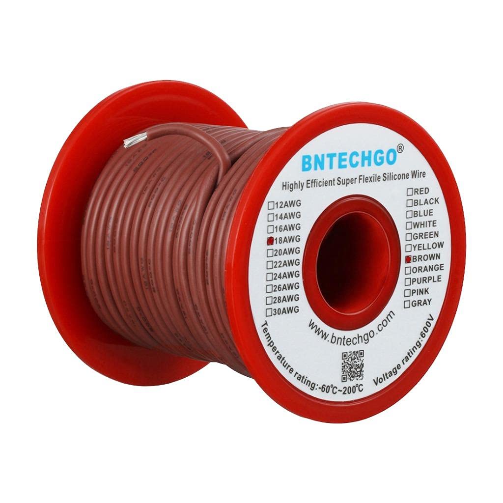 BNTECHGO 18 Gauge Silicone Wire Spool Brown 50 ft Ultra Flexible High Temp 200 deg C 600V 18 AWG Silicone Rubber Wire 150 Strands of Tinned Copper Wire Stranded Wire for Model Low Impedance