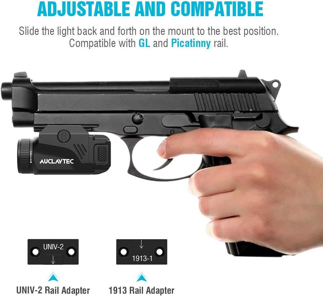 AUCLAYTEC Mini 600 Lumens Gun Flashlight Compact Rail Mount Tactical Flashlight with Adjustable Rail with Strobe for Pistols Fits Picatinny MIL-STD-1913 Glock Taurus Ruger Springfield H&K S&W: Sports & Outdoors
