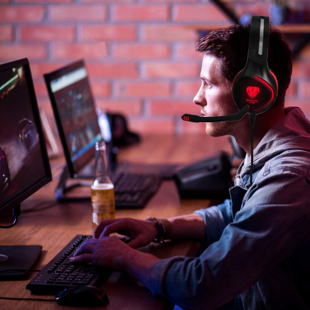 BUTFULAKE Gaming Headset for PS4, Xbox One, Xbox One S, PC, Nintendo Switch, Mac, Laptop, Computer, 3.5mm Wired Over Ear Gaming Headphones with LED Light & Noise Cancelling Microphone, Red