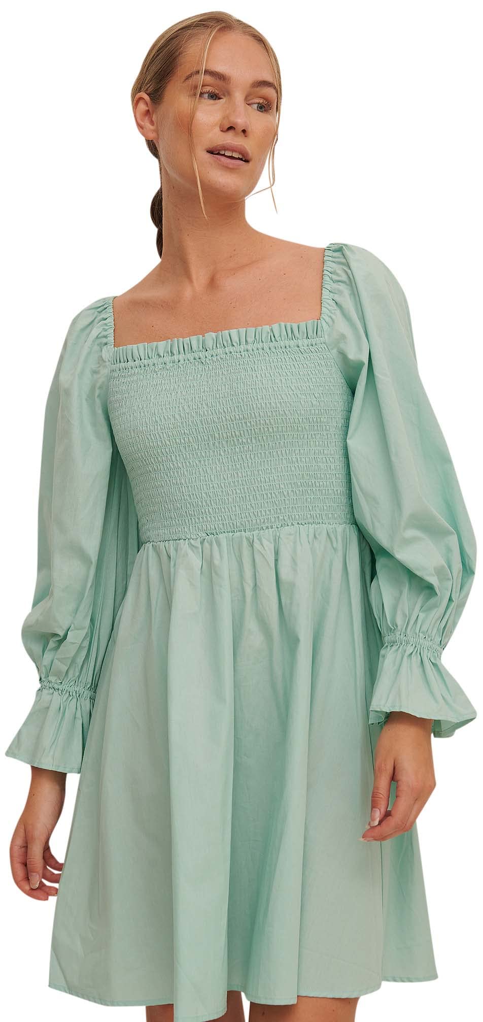 NA-KD Balloon Sleeve Smocked Dress, Turquoise, EU 38