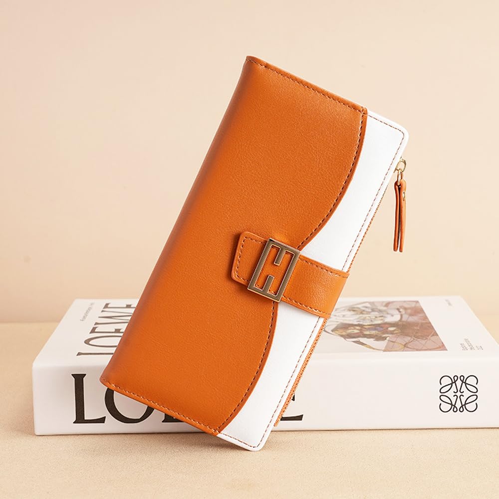 Gosyfeti Slim Thin Wallets for Women, Ladies Trendy Bifold Long Purse, Large Capacity Cards Holder with Zipper Pocket for Cash, Coins, ID Card (Brown)