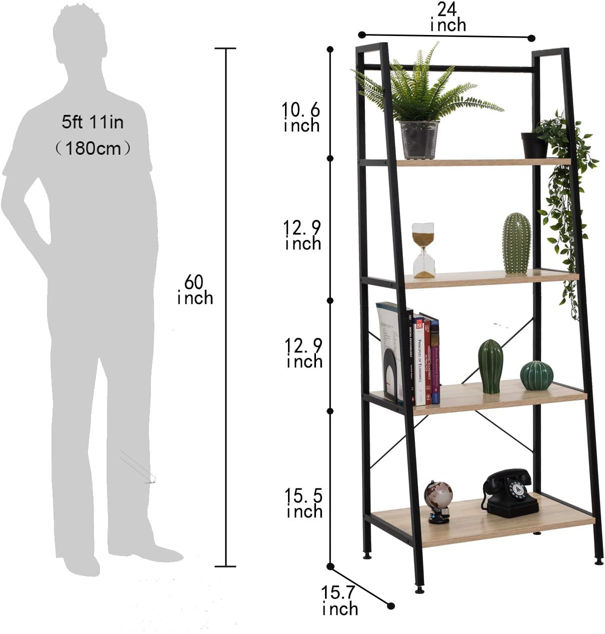 Bestier Vintage Ladder Shelf 4 Tier Bookshelf Metal and Wood Bookcase Home Office Storage Rack Display Shelf P2 Wood: Furniture & Decor