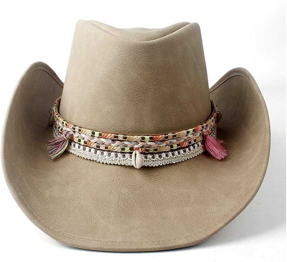 Classic Lady Tassel Braid Leather Khaki Western Cowboy Hat Sun