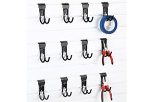 CraftyDream 12 Pack Slat Wall Hanging Hooks and Hangers Heavy Duty Black Slatwall Hanging Hooks Sturdy Utility Slatwall Accessories for Shop Retail Display with Garage Storage Wall Panel(J Shape)