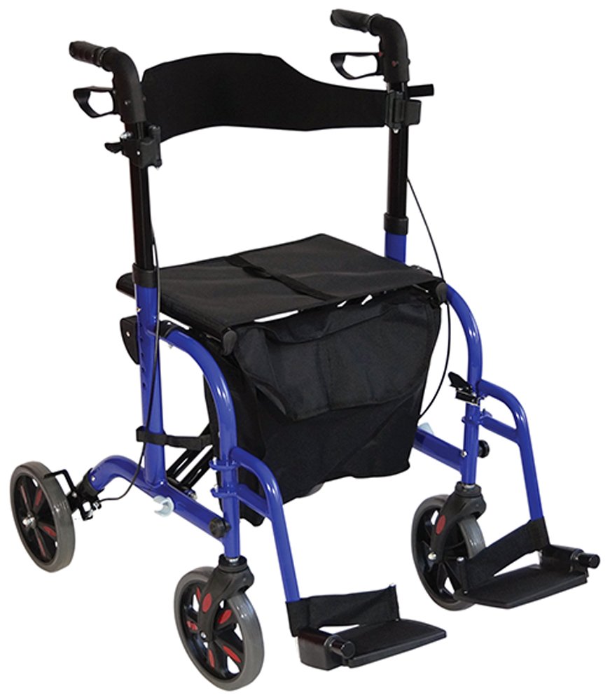 Aidapt Duo Deluxe Blue Folding Light Weight 4 Wheeled Rollator Transit Chair Mobility Aid with Seat, Foot Plates, Carry Bag, Lockable Brakes and Puncture Proof Tyres for Indoor and Outdoor use.