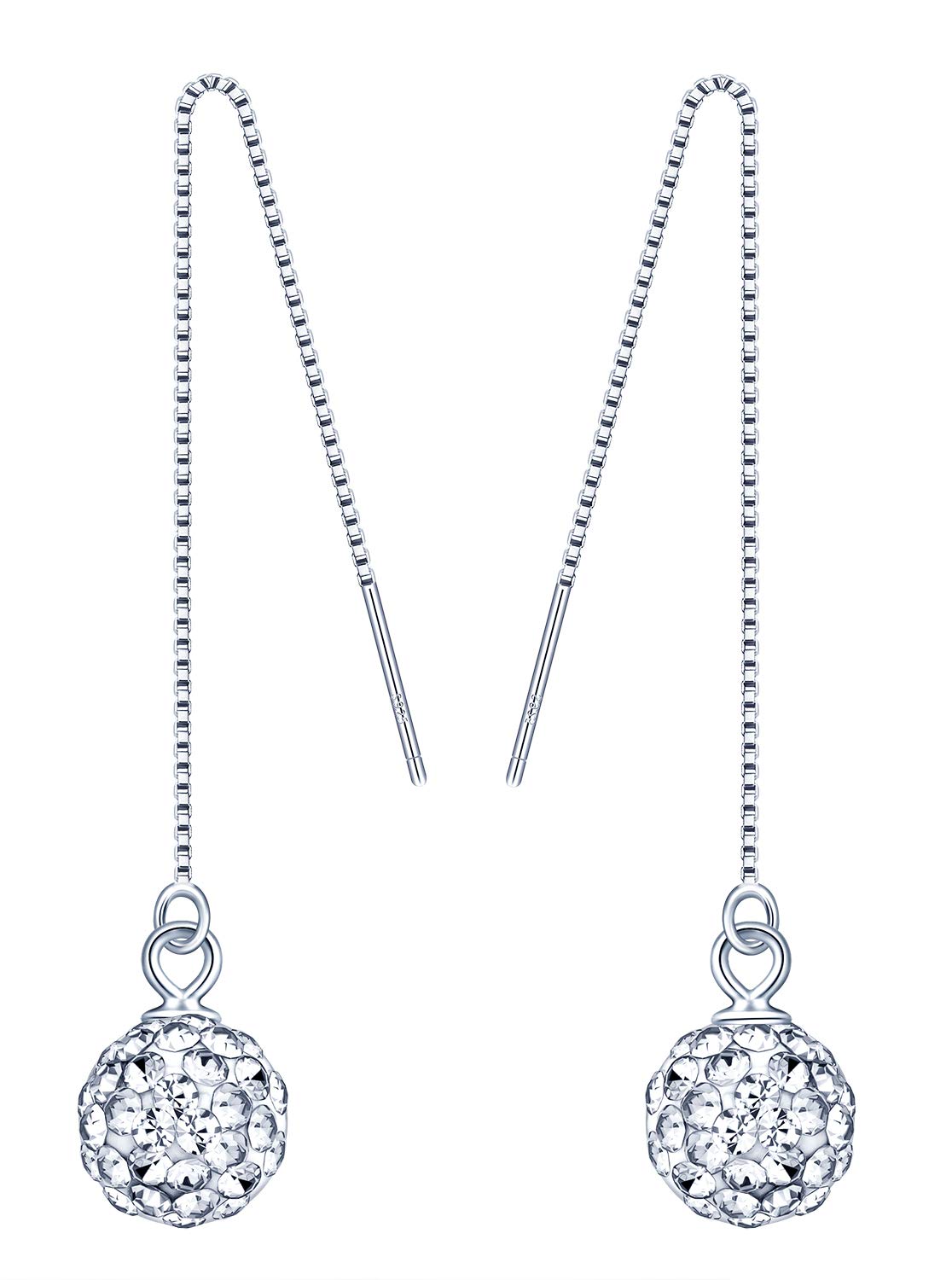 Woman's Girl's Sterling silver Earrings, 925 silver Thread, Ear Wire for girl, Color shiny crystal ball Dangle & Drop, gift for Birthday, Valentine's Day and Christmas