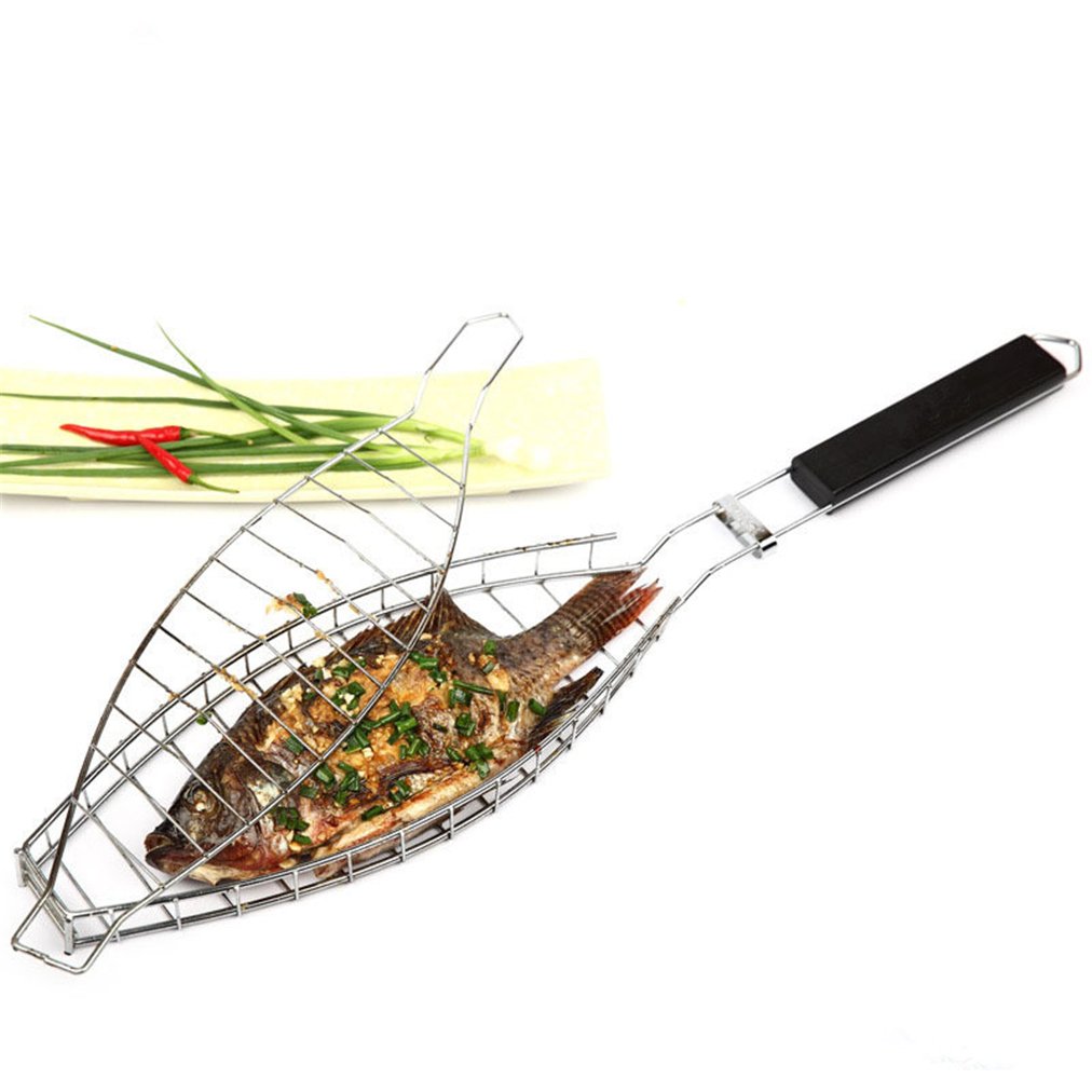 BrilliantDay Barbecue Stainless Steel Grilling Basket Roast Folder Tool with Wooden Handle