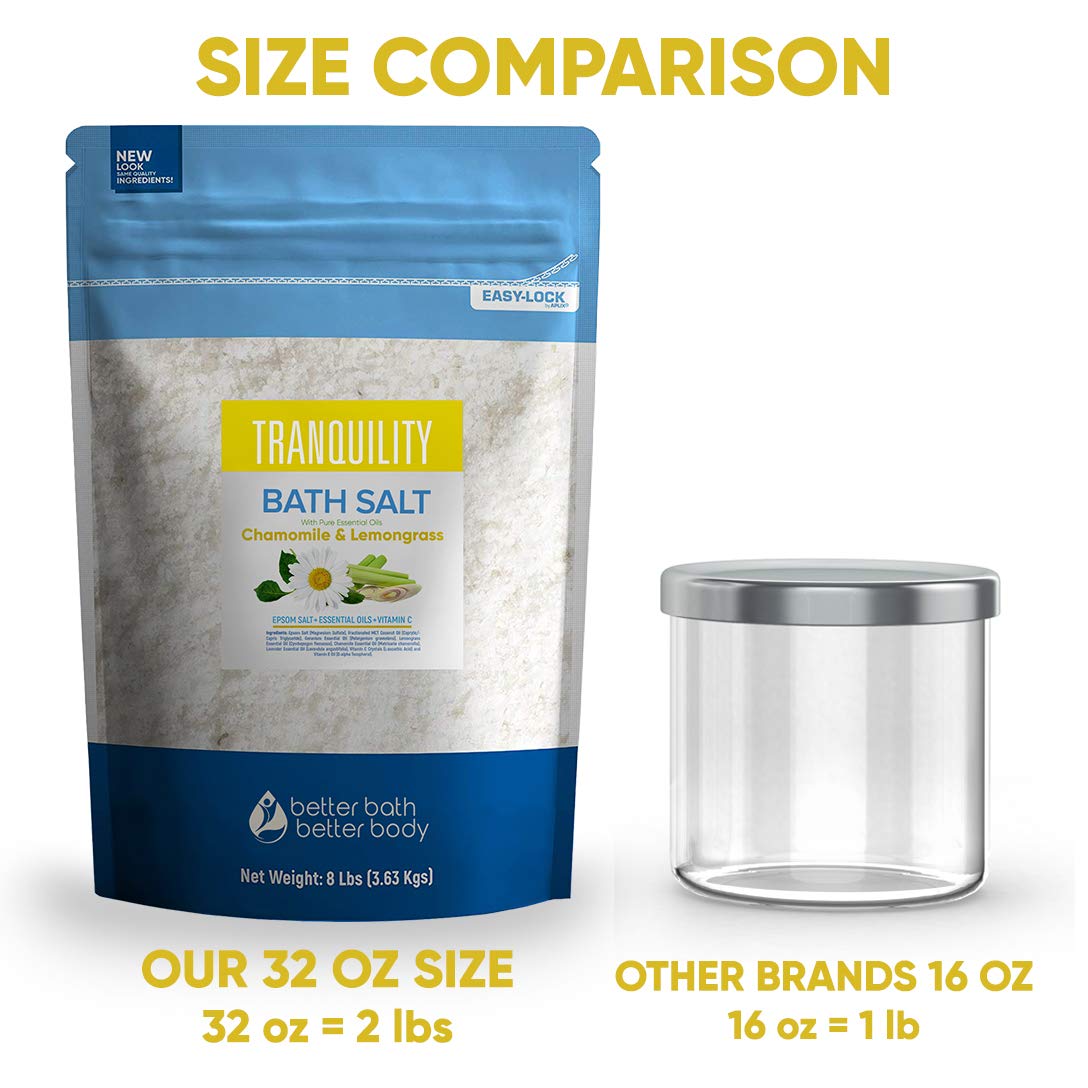 Tranquility Bath Salt 128 Ounces Epsom Salt with Natural Geranium, Chamomile, Lavender and Lemongrass Essential Oils Plus Vitamin C in BPA Free Pouch with Easy Press-Lock Seal: Health & Personal Care