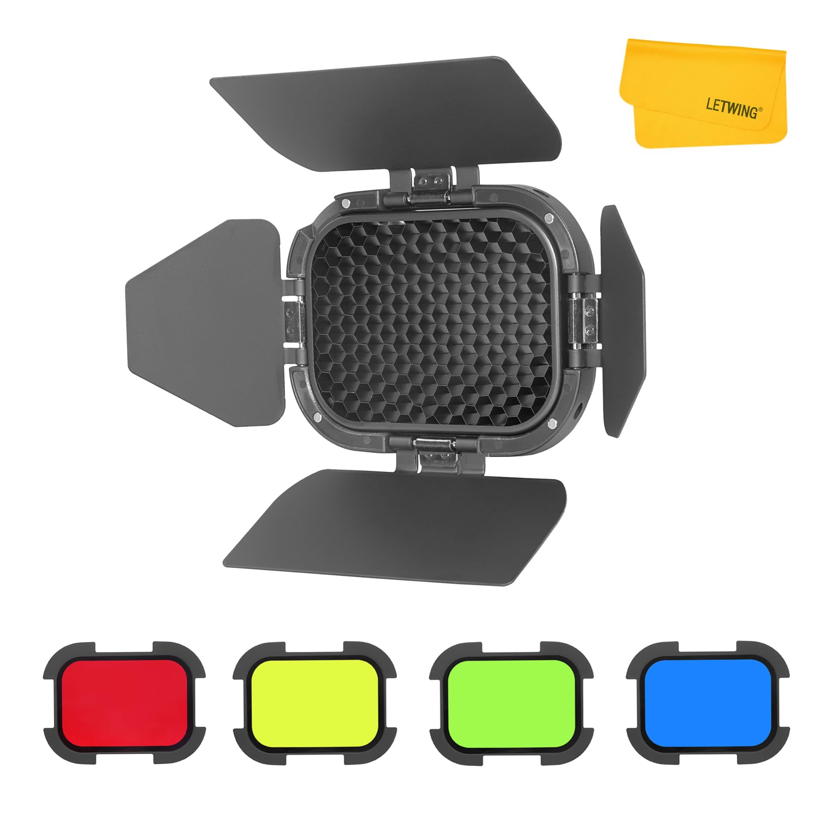 GODOX BD-07 II Barn Door + Honeycomb Grid + 4 Color Gel Filters (Yellow, Green, Red, Blue) for Godox AD200Pro II Pocket Flash Light Speedlite